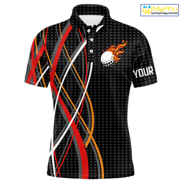 Mens Golf polo shirts flame golf ball sport Custom golf outfit for men, unique golf gifts | Black NQS10066
