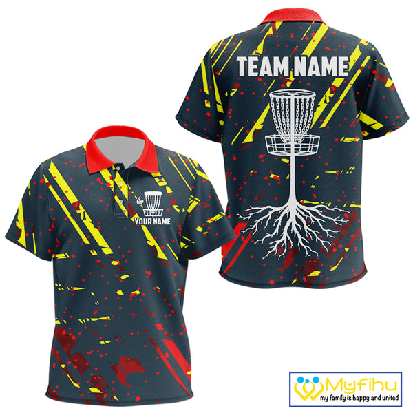Blue, yellow and red background Kid Disc golf polo shirts Custom name disc golf clothing for team NQS10067