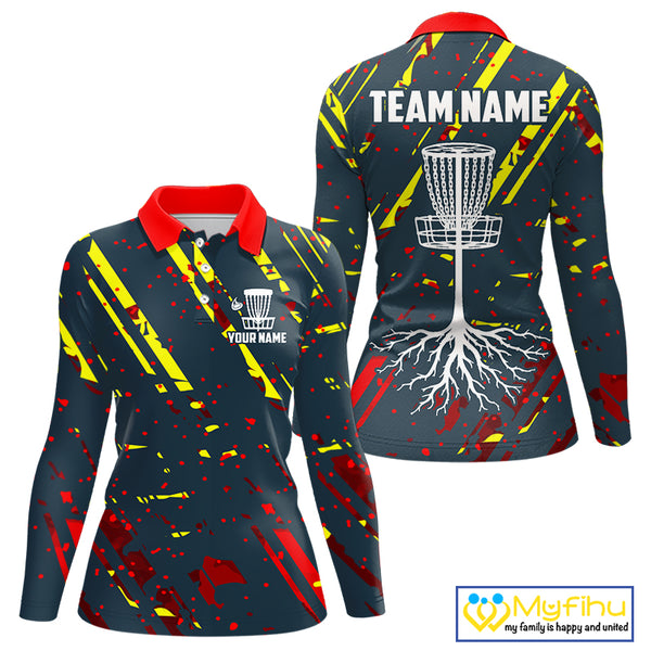 Blue, yellow and red background Womens Disc golf polo shirts Custom name disc golf clothing for team NQS10067