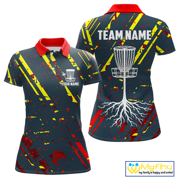 Blue, yellow and red background Womens Disc golf polo shirts Custom name disc golf clothing for team NQS10067