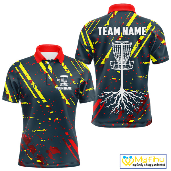 Blue, yellow and red background Mens Disc golf polo shirts Custom name disc golf clothing for team NQS10067