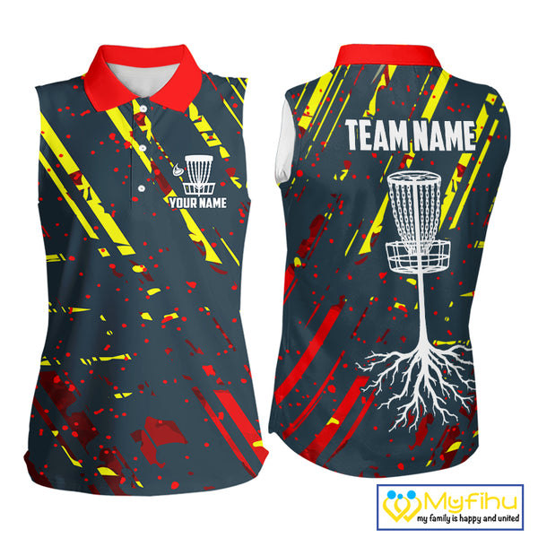 Blue, yellow and red background Womens sleeveless Disc golf polo shirt Custom name disc golf clothing NQS10067