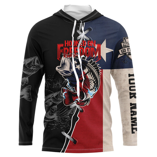 Texas Bass fishing patriotic Hooked on freedom Custom name performance long sleeves fishing shirts NQS2053