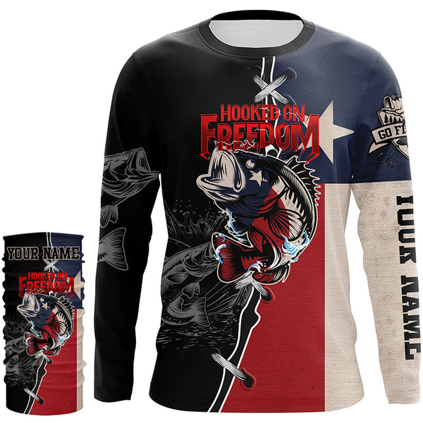 Texas Bass fishing patriotic Hooked on freedom Custom name performance long sleeves fishing shirts NQS2053