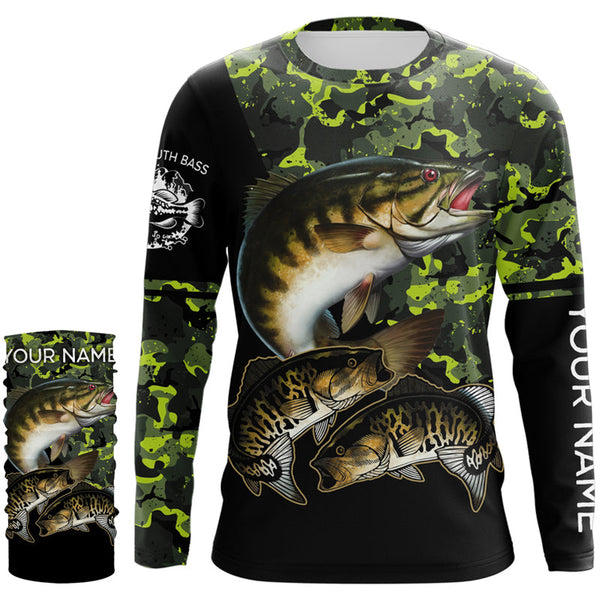 Smallmouth Bass fishing black green camo custom name sun protection long sleeve fishing shirts NQS3869