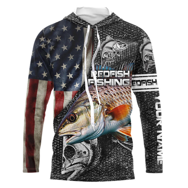 Redfish red drum fishing fish skeleton American flag Custom sun protection long sleeve fishing shirts NQS4053