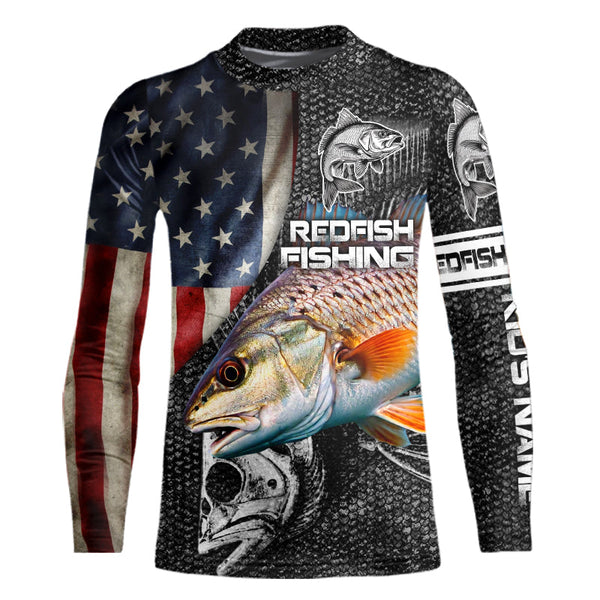 Redfish red drum fishing fish skeleton American flag Custom sun protection long sleeve fishing shirts NQS4053