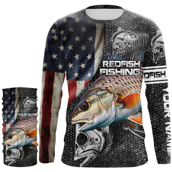Redfish red drum fishing fish skeleton American flag Custom sun protection long sleeve fishing shirts NQS4053