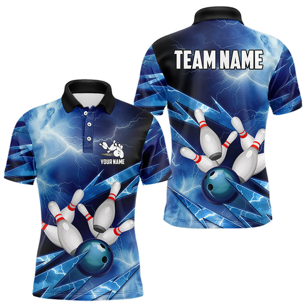 Blue Lightning Thunder Storm Bowling Polo, Quarter Zip Shirt For Men Custom Bowling Team Jersey NQS9114