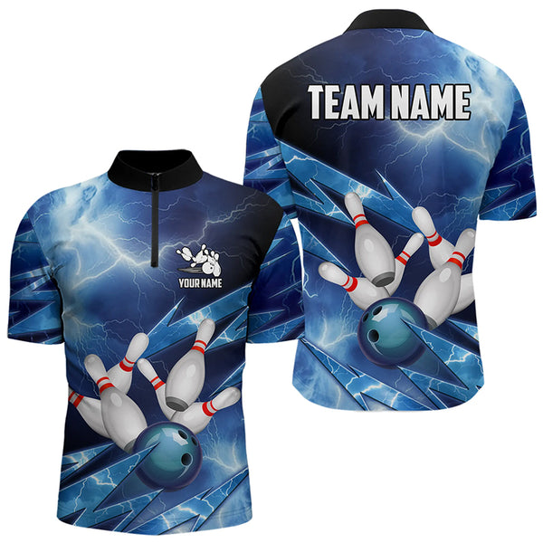 Blue Lightning Thunder Storm Bowling Polo, Quarter Zip Shirt For Men Custom Bowling Team Jersey NQS9114