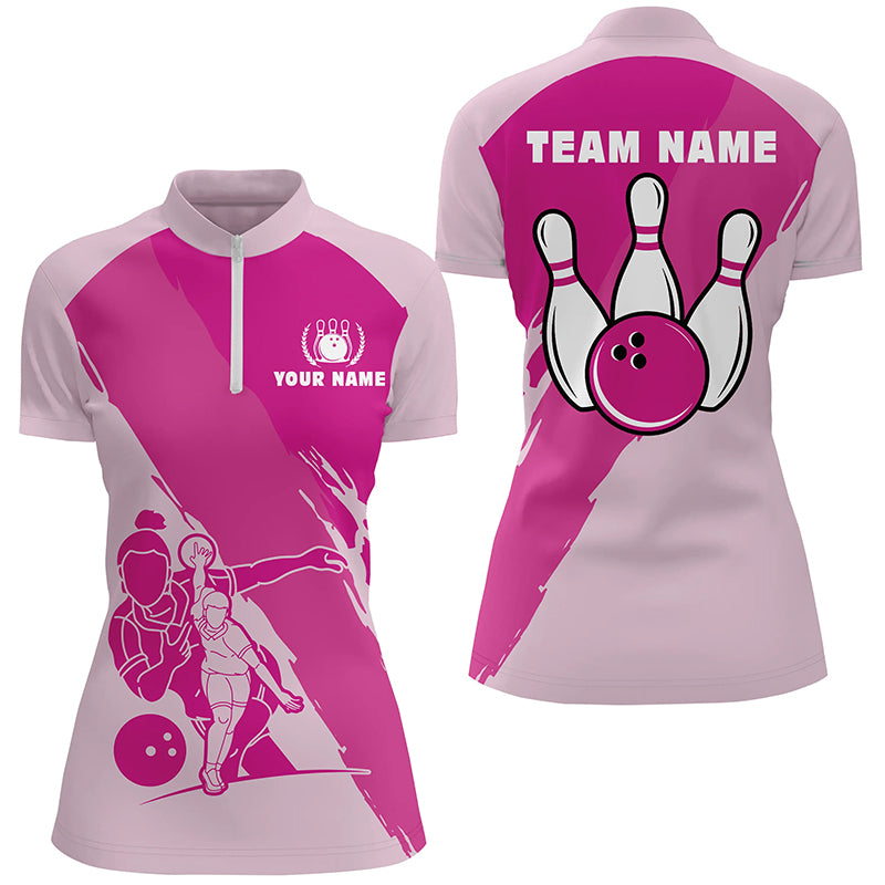 Personalized 3D bowling shirts for women, Custom pink Short Sleeve Quarter Zip Bowling Shirt for Girls NQS4691