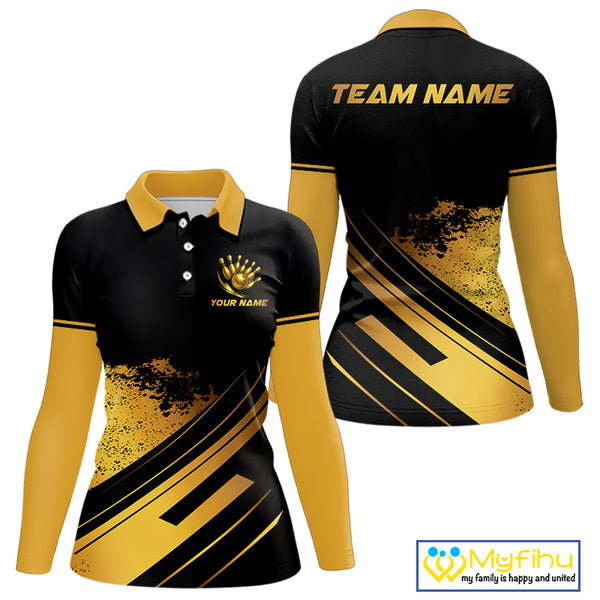Custom Black And Gold Bowling Team Polo, Quarter-Zip Shirts For Women, Personalized Bowling Jerseys NQS10219