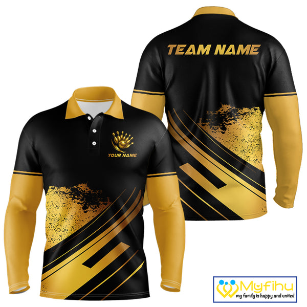 Custom Black And Gold Bowling Team Polo, Quarter-Zip Shirts For Men, Personalized Bowling Jerseys NQS10219