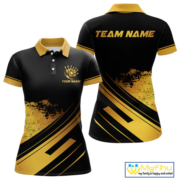 Custom Black And Gold Bowling Team Polo, Quarter-Zip Shirts For Women, Personalized Bowling Jerseys NQS10219