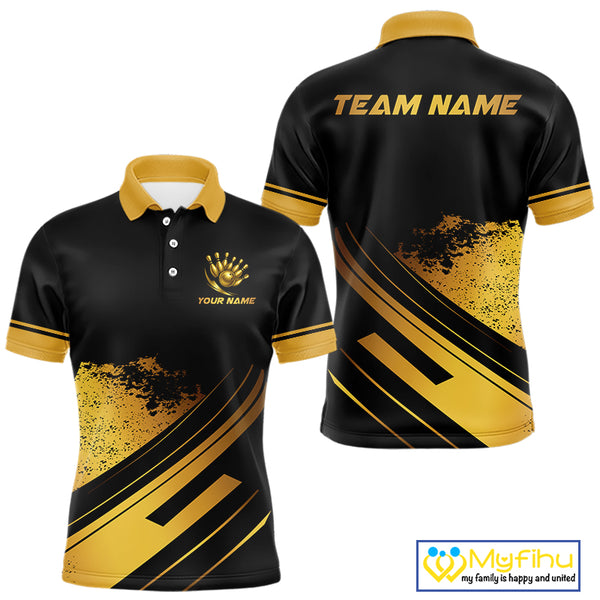 Custom Black And Gold Bowling Team Polo, Quarter-Zip Shirts For Men, Personalized Bowling Jerseys NQS10219