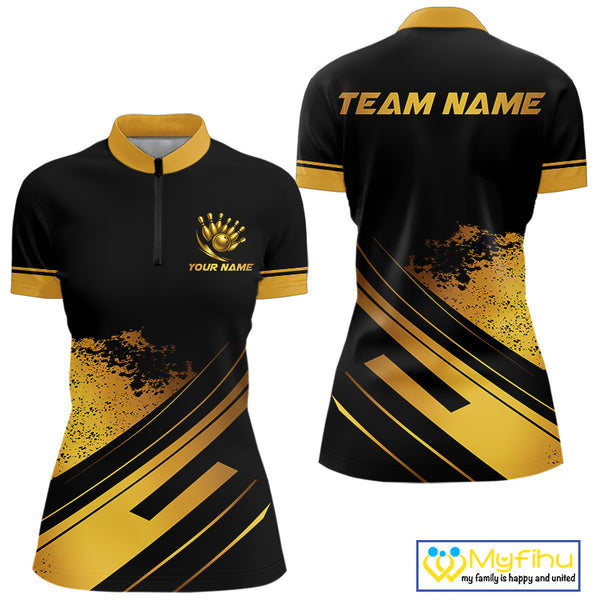 Custom Black And Gold Bowling Team Polo, Quarter-Zip Shirts For Women, Personalized Bowling Jerseys NQS10219