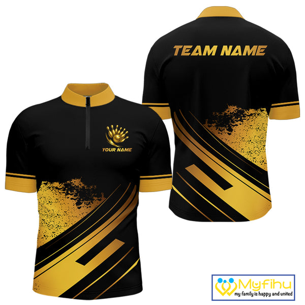 Custom Black And Gold Bowling Team Polo, Quarter-Zip Shirts For Men, Personalized Bowling Jerseys NQS10219