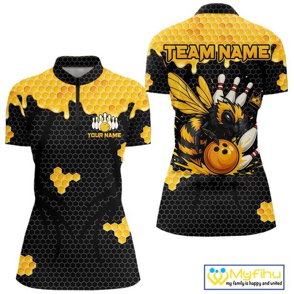 Custom Black and Yellow Honey Bee Bowling Shirts For Women, Bee Bowling Team Bowlers Outfit NQS10376