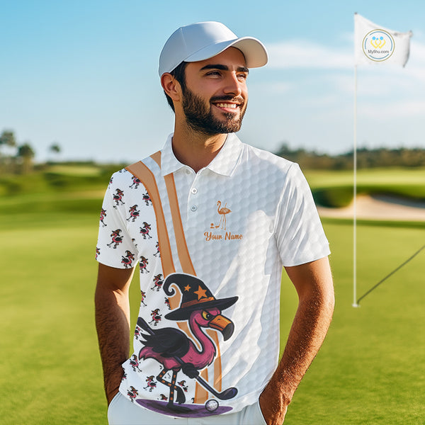 Funny Mens golf polo shirt custom Halloween flamingo pattern white golf shirts NQS10377