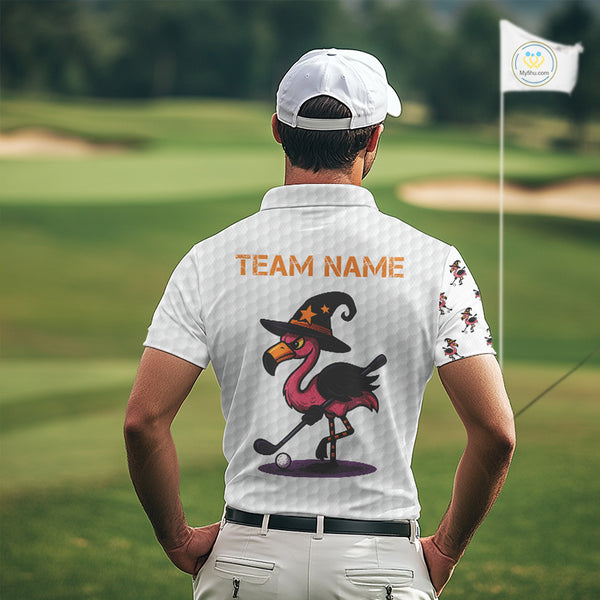 Funny Mens golf polo shirt custom Halloween flamingo pattern white golf shirts NQS10377