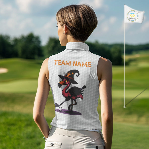 Funny Women Sleeveless Polo Shirt custom Halloween flamingo pattern white golf shirts NQS10377