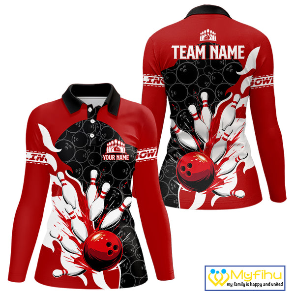Black and Red Camo Bowling Polo, Quarter Zip Shirt For Women custom Bowling Team Jerseys Uniform NQS10380