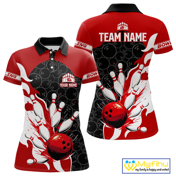 Black and Red Camo Bowling Polo, Quarter Zip Shirt For Women custom Bowling Team Jerseys Uniform NQS10380