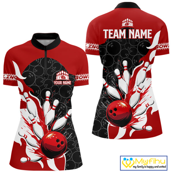 Black and Red Camo Bowling Polo, Quarter Zip Shirt For Women custom Bowling Team Jerseys Uniform NQS10380