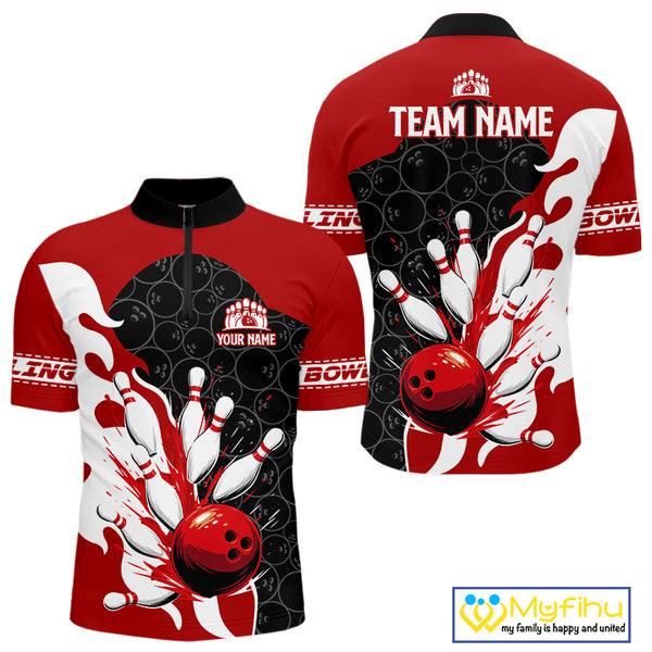 Black and Red Camo Bowling Polo, Quarter Zip Shirt For Men custom Bowling Team Jerseys Uniform NQS10380
