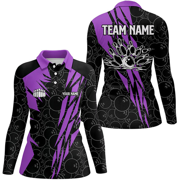 Black bowling camo Women bowling polo shirt Custom bowling strike team league jerseys | Purple NQS6773