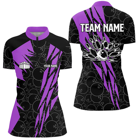 Black bowling camo Womens bowling Quarter Zip shirt Custom bowling strike team league jersey | Purple NQS6773