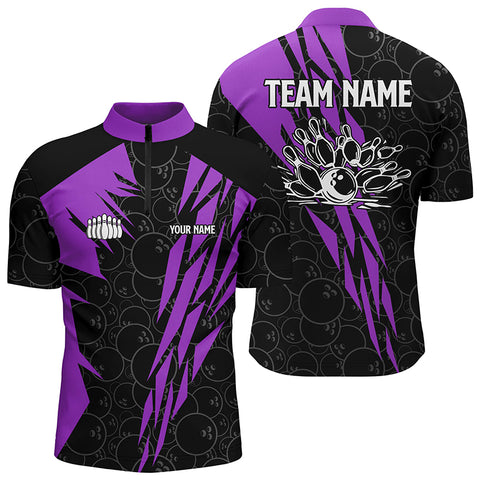 Black bowling camo Men's bowling Quarter Zip shirts Custom bowling strike team league jerseys | Purple NQS6773
