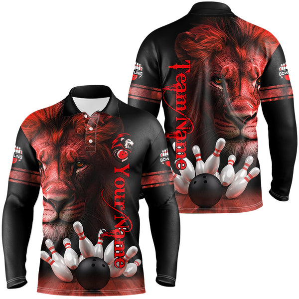 Lion Bowling Polo, Quarter Zip Shirts For Men Custom Bowling League Shirt Team Jerseys Outfits | Red NQS8858