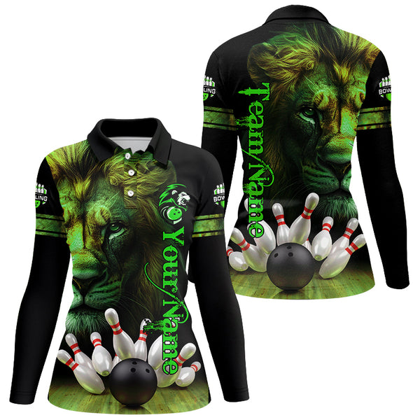 Lion Bowling Polo, Quarter Zip Shirt For Women Custom Bowling League Shirt Team Jerseys Outfit | Green NQS8859