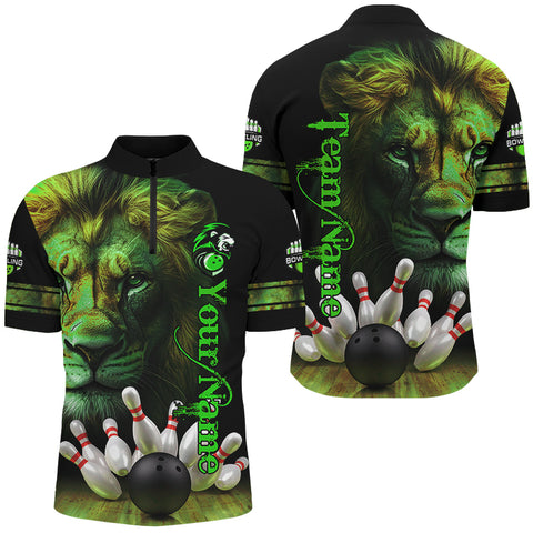 Lion Bowling Polo, Quarter Zip Shirts For Men Custom Bowling League Shirt Team Jerseys Outfits | Green NQS8859