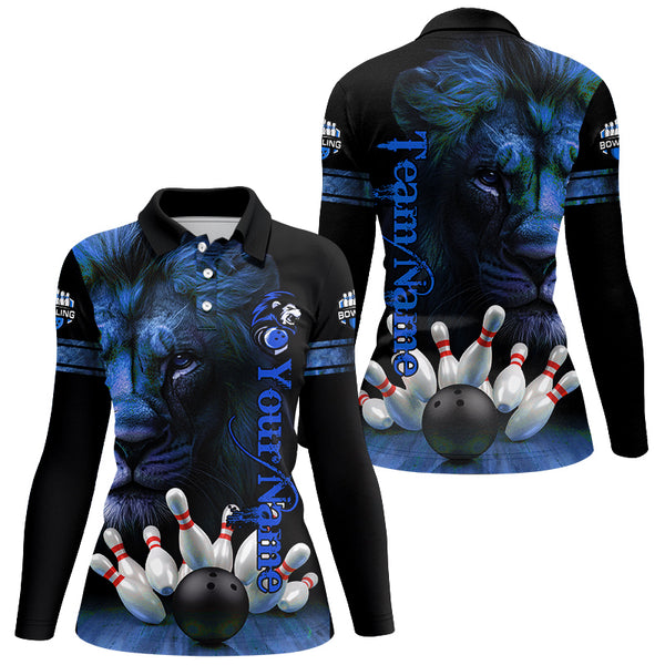 Lion Bowling Polo, Quarter Zip Shirt For Women Custom Bowling League Shirt Team Jerseys Outfit | Blue NQS8860