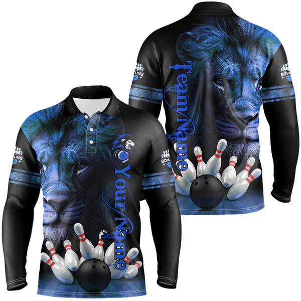 Lion Bowling Polo, Quarter Zip Shirts For Men Custom Bowling League Shirt Team Jerseys Outfits | Blue NQS8860