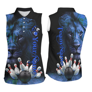 Lion Bowling sleeveless polo Shirt For Women Custom Bowling League Shirt Team Jerseys Outfits | Blue NQS8860