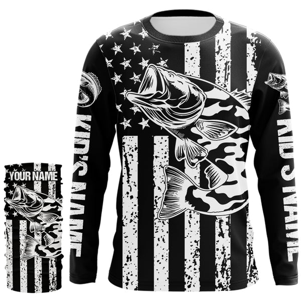 Black and White American Flag Largemouth Bass Fishing Camo Custom patriotic Bass fishing jerseys NQS9119