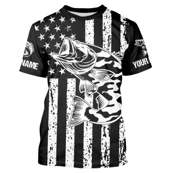 Black and White American Flag Largemouth Bass Fishing Camo Custom patriotic Bass fishing jerseys NQS9119