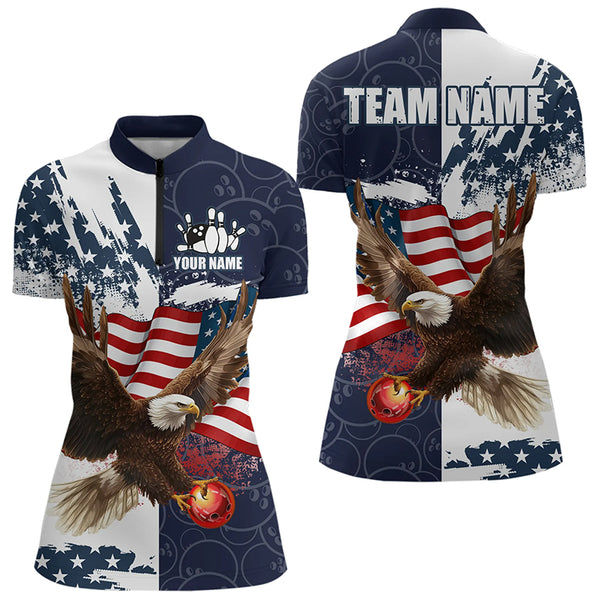 Red, White and Blue American Flag Eagle Bowling Shirts For Women Custom Patriotic Bowling Team Jersey NQS9120