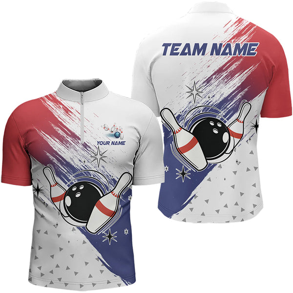 Red, White and Blue Bowling Polo, 1/4 Zip Shirts For Men Custom Bowling Team Jersey, Gift For Bowlers NQS9122