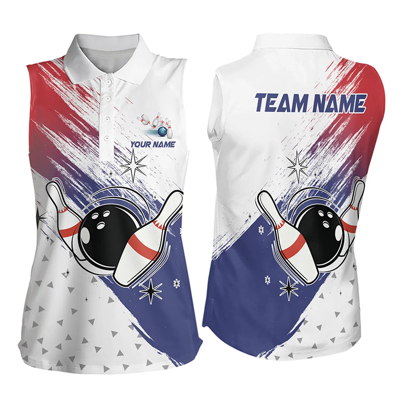 Red, White and Blue Bowling Sleeveless Polo Shirts Custom Bowling Team Jersey, Gift For Bowler NQS9122