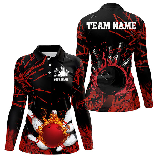 Black and Red Flame Bowling Polo, Quarter Zip Shirts for Women Custom Team womens bowling jersey NQS9313