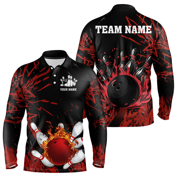 Black and Red Flame Bowling Polo, Quarter Zip Shirts for Men Custom Team mens bowling jersey NQS9313