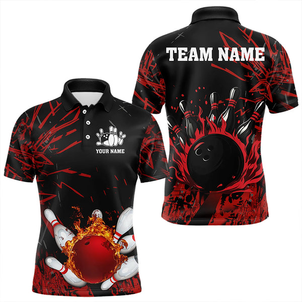 Black and Red Flame Bowling Polo, Quarter Zip Shirts for Men Custom Team mens bowling jersey NQS9313