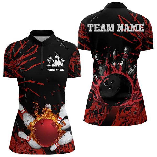 Black and Red Flame Bowling Polo, Quarter Zip Shirts for Women Custom Team womens bowling jersey NQS9313