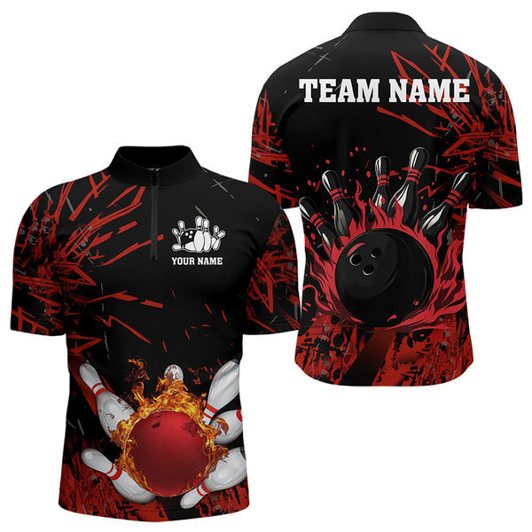 Black and Red Flame Bowling Polo, Quarter Zip Shirts for Men Custom Team mens bowling jersey NQS9313