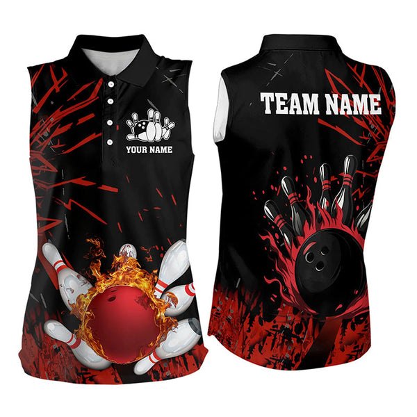 Black and Red Flame Bowling Sleeveless Polo Shirts for Women Custom Team women bowling jersey NQS9313