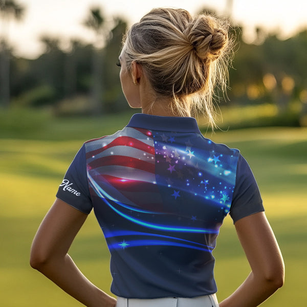 Blue Lights American Flag Womens golf polo shirts custom patriotic golf shirts for women NQS9316